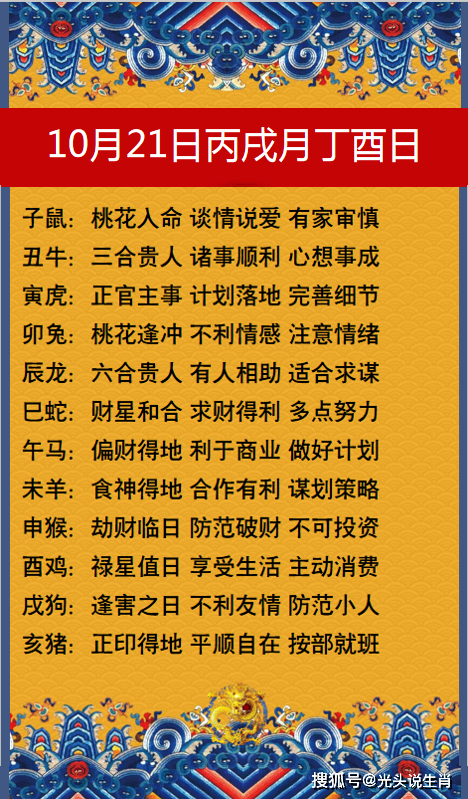 十二生肖2023年10月21日(丙戌月)每日运势